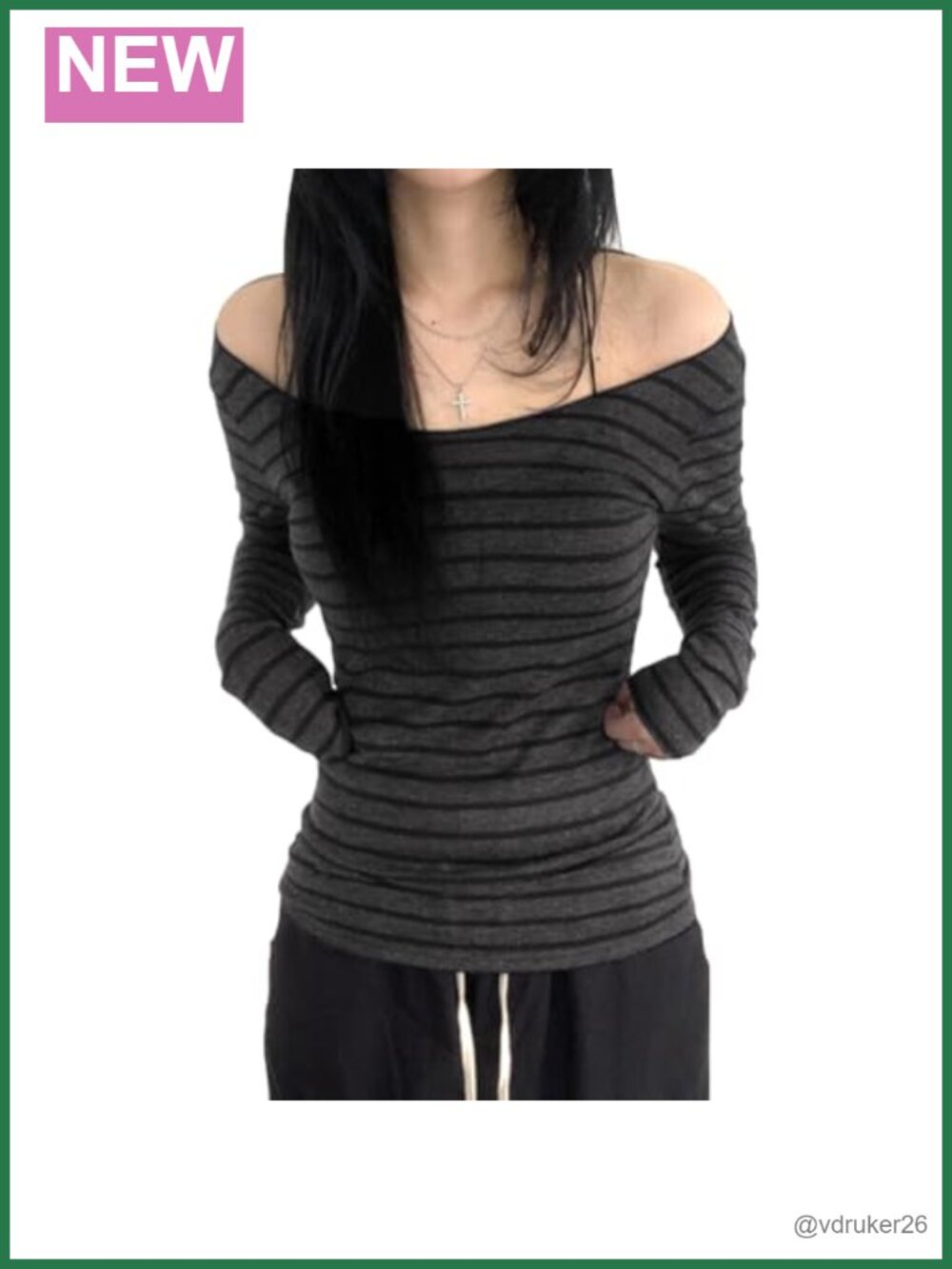Women's Striped Long Sleeve Off Shoulder Y2K Gothic Grunge Tee